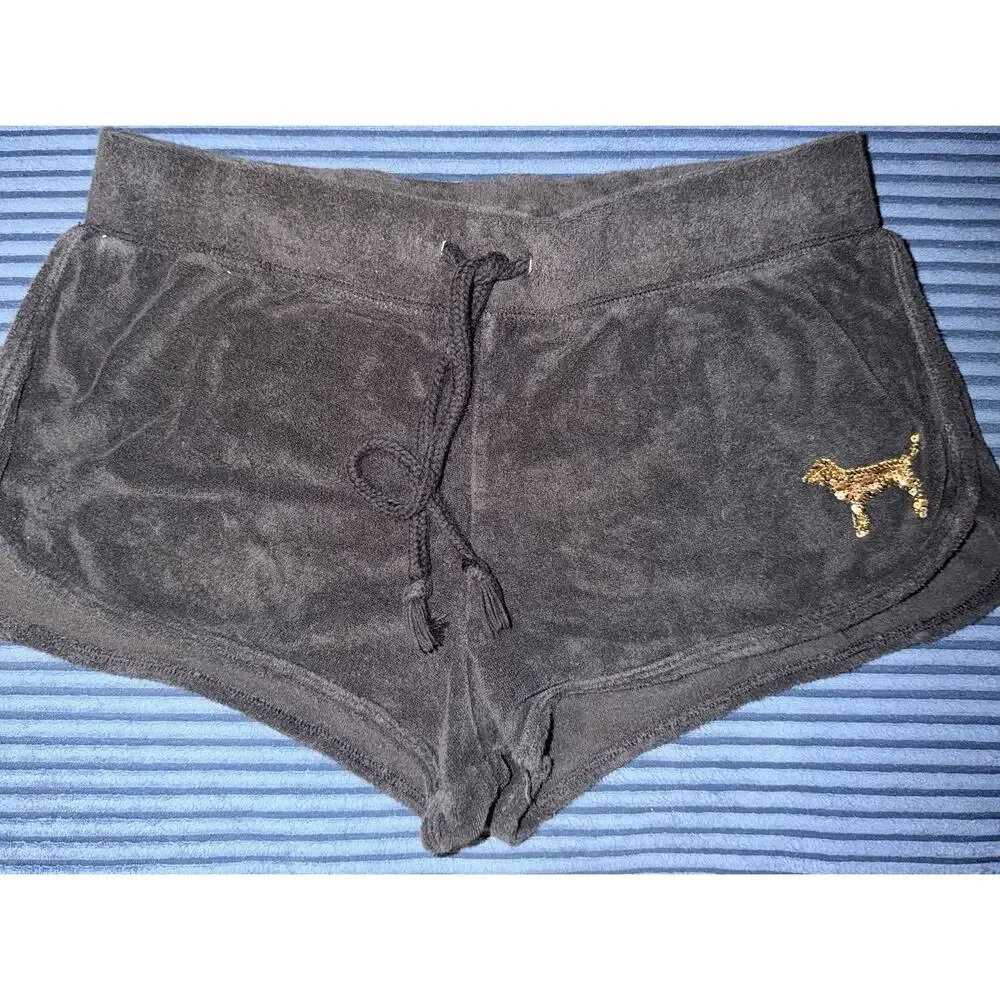 RARE Y2K Victoria Secret PINK Shorts SIZE M Gray GOLD Sequin Bling Logo